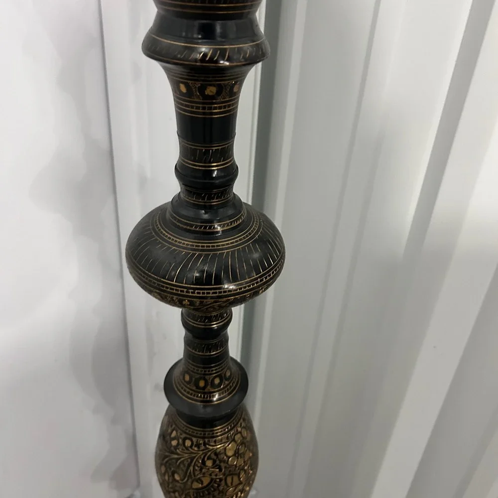 Vintage Persian Etched Brass Floor Lamp Black Gold Floral Tall Decorative Stand
